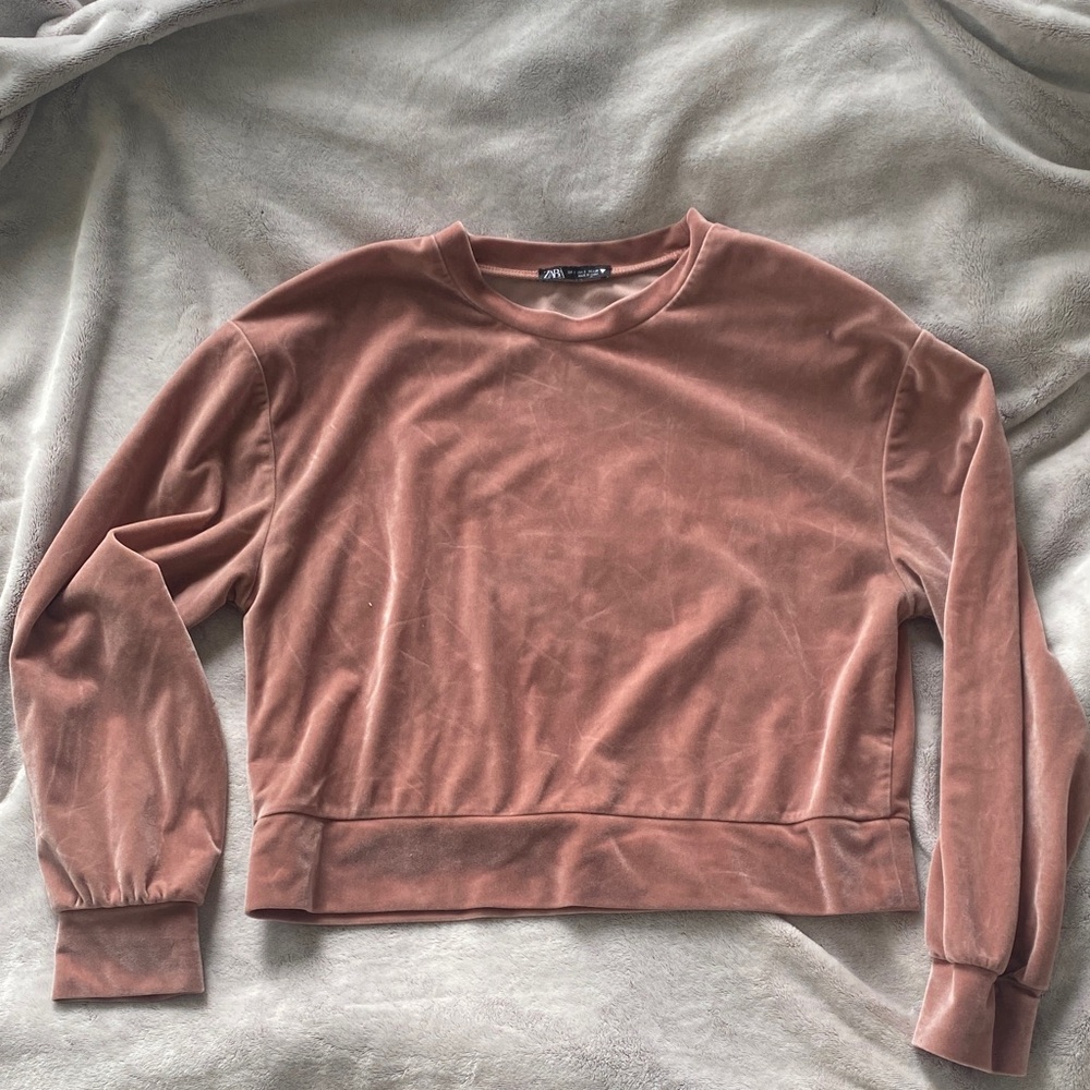 Zara Dusty Rose Velvety Crewneck Sweatshirt